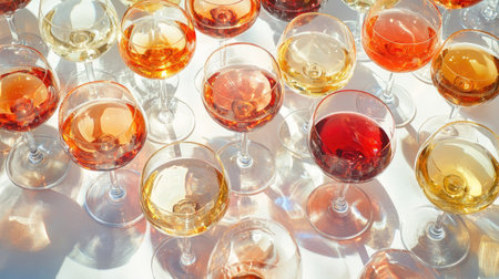 An artistic display of wine glasses reflecting sunlight, with red, white, and ros wines creating a vibrant paletteの素材