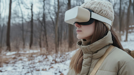 Woman with VR goggles outdoors, simulating an augmented reality experience against a natural backdrop.の素材