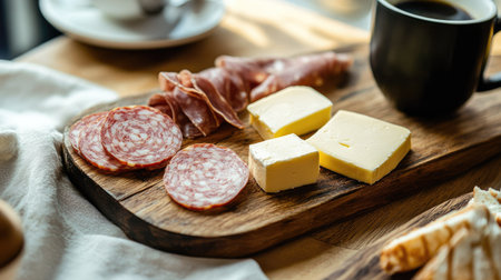 A breakfast-themed setup with salami, cheese slices, and butter on a wooden board, accompanied by coffee.の素材