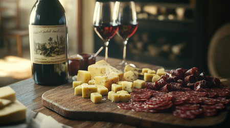 A chopping board with salami and cheese cubes, surrounded by a bottle of wine and glasses.の素材