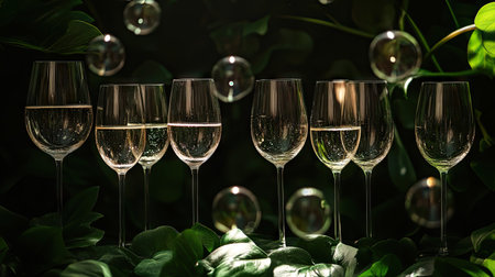 An elegant arrangement of sparkling wine glasses catching light, surrounded by champagne bubblesの素材