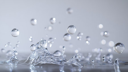 A D-style water splash with droplets in various sizes, floating against a transparent background.の素材