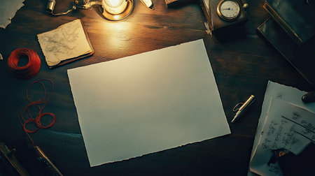 A blank detective board with white sheets of paper and unused red string coils lying on a nearby table.の素材