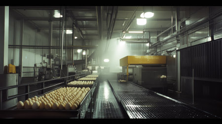 A clean industrial environment showing the entire process from egg washing, sorting, to packaging.の素材