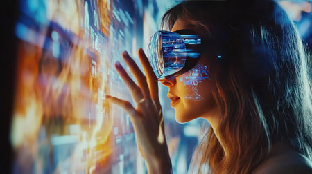 Young woman with VR goggles, surrounded by holographic projections of data, exploring a futuristic learning environment.の素材