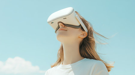 Young woman wearing VR goggles with a joyful expression, experiencing a virtual travel adventure.の素材