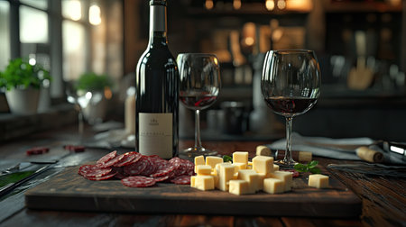 A chopping board with salami and cheese cubes, surrounded by a bottle of wine and glasses.の素材