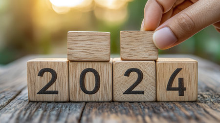 Wooden cubes stacked to read ',' with a hand turning the last number to reveal ',' symbolizing the new year.の素材