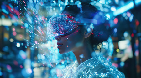 Young woman with VR goggles, surrounded by holographic projections of data, exploring a futuristic learning environment.の素材