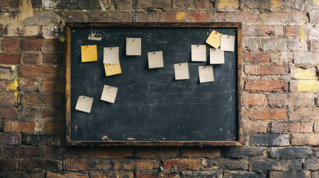 A black detective board resting against a brick wall, with scattered blank sheets pinned unevenly.の素材