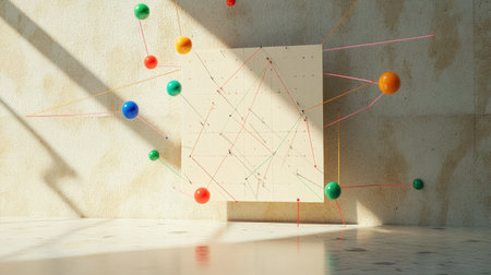 A blank investigation board in a minimalist room, with push pins and string ready for use.の素材