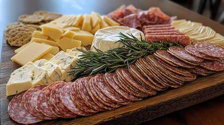 A beautifully styled cheese and salami platter on a wooden board, with fresh rosemary and crackers.の素材