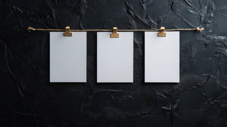 A blank investigation board with white papers and string, placed against a textured black wall.の素材