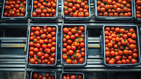 An aerial view of tomatoes packed in trays on multiple conveyor belts in a bustling food processing plantの素材