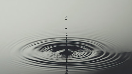 A close-up of a single water drop falling into a calm surface, creating ripples and a soft splash.の素材