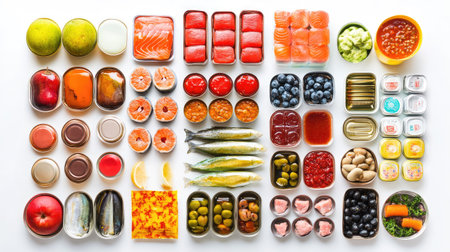 An array of international canned foods, including exotic fruits, fish, and sauces, on a white backgroundの素材