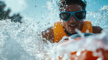 A close-up of a jet ski rider splashing through the waves with sunglasses and a bright life jacket.の素材