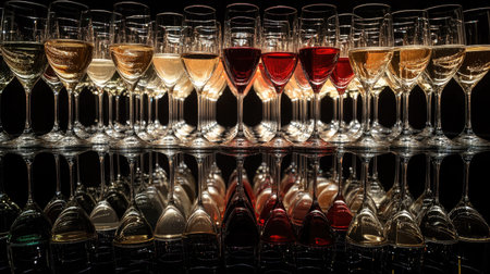 A colorful array of wine glasses filled with red, white, and sparkling wines, placed on a black reflective surfaceの素材