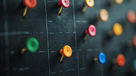 A close-up of a black detective board, showing blank papers pinned with colored thumbtacks.の素材