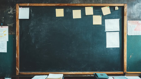 A black board mounted on a dark wall, featuring blank papers and scattered sticky notes, with no visible text.の素材