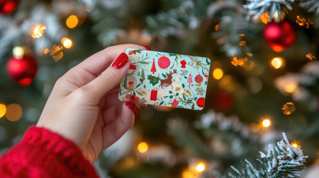 A close-up of a hand offering a holiday-themed gift card against a decorated Christmas tree backgroundの素材