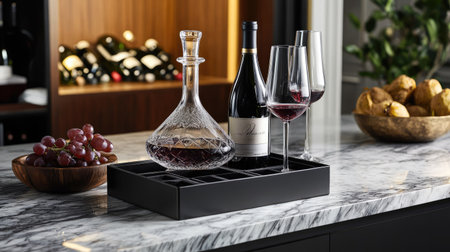 An elegant wine box set featuring bottles, a decanter, and tasting glasses on a marble countertopの素材