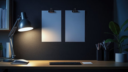 A clean black corkboard with blank sheets of paper arranged symmetrically, illuminated by a desk lamp.の素材
