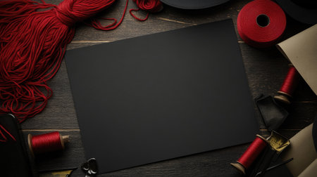 A black detective board with blank sheets and unused red yarn spools nearby, suggesting preparation.の素材