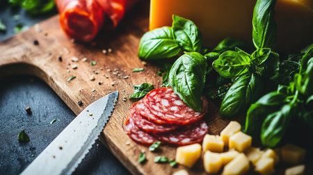 A close-up of a chopping board featuring salami, cheddar, and fresh basil leaves, with a knife in the frame.の素材