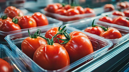 A close-up of ripe tomatoes in plastic trays being transported on a conveyor system in a high-tech food plantの素材