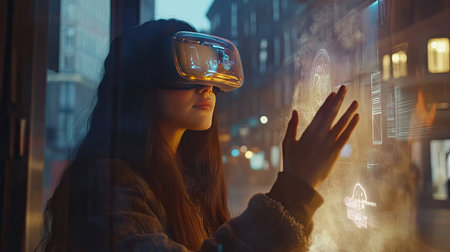 Young woman in VR headset with futuristic holograms surrounding her, engaging with a virtual interface.の素材