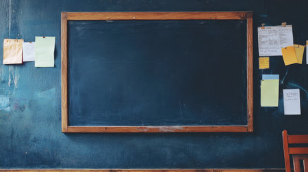 A black board mounted on a dark wall, featuring blank papers and scattered sticky notes, with no visible text.の素材