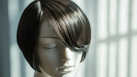 A close-up of a white mannequin head wearing a short, pixie-cut wig in dark brown.の素材