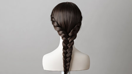 A braided wig in dark brown displayed on a white mannequin head, set against a neutral gray background.の素材
