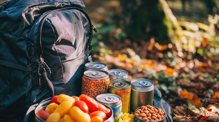 A camping backpack with cans of food spilling out, including sardines, baked beans, and fruit saladの素材