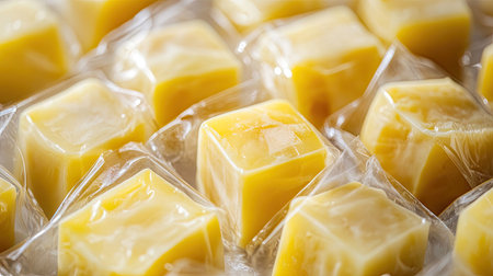 A close-up of vacuum-packed cheese cubes, highlighting their freshness and vibrant yellow colorの素材