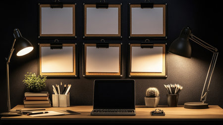 A clean black corkboard with blank sheets of paper arranged symmetrically, illuminated by a desk lamp.の素材