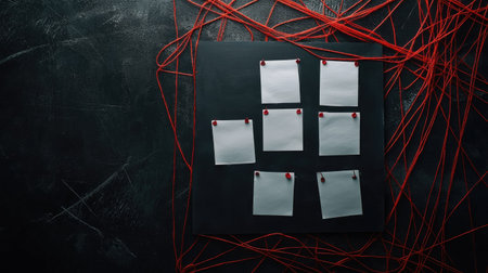 A black detective board with blank white papers pinned neatly, surrounded by red strings, on a dark wall.の素材