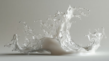 A close-up of a water splash forming intricate curves, isolated on a pale gray backdrop.の素材