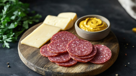 A chopping board with salami rounds, cheese slices, and a small bowl of mustard dip.の素材