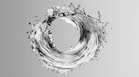 A clear water splash creating a swirling effect, with sharp details isolated on a gradient gray background.の素材