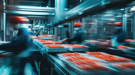 A busy food packaging floor with workers managing trays of tomatoes on automated linesの素材
