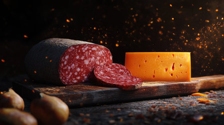 A chopping board with aged salami and a block of gouda cheese, set against a stone background.の素材