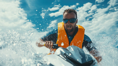 A close-up of a jet ski rider splashing through the waves with sunglasses and a bright life jacket.の素材