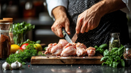 A chef's hands preparing raw chicken wings on a wooden board, with a knife and fresh ingredients around.の素材