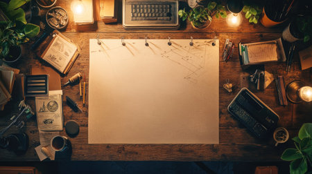 A blank detective board surrounded by office supplies, with strings hanging loosely from pins.の素材