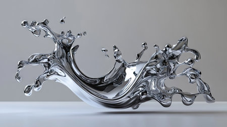 A close-up of a water splash forming intricate curves, isolated on a pale gray backdrop.の素材