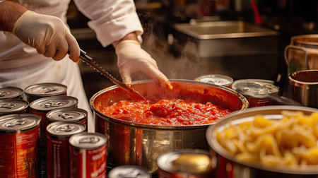 A chef in a professional kitchen using canned tomatoes to prepare a pasta sauce, with other canned goods nearbyの素材