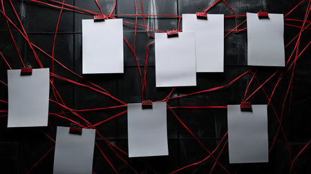 A black detective board with blank white papers pinned neatly, surrounded by red strings, on a dark wall.の素材
