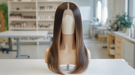 A mannequin head wearing a long, straight wig with ombre highlights, displayed on a clean white table.の素材